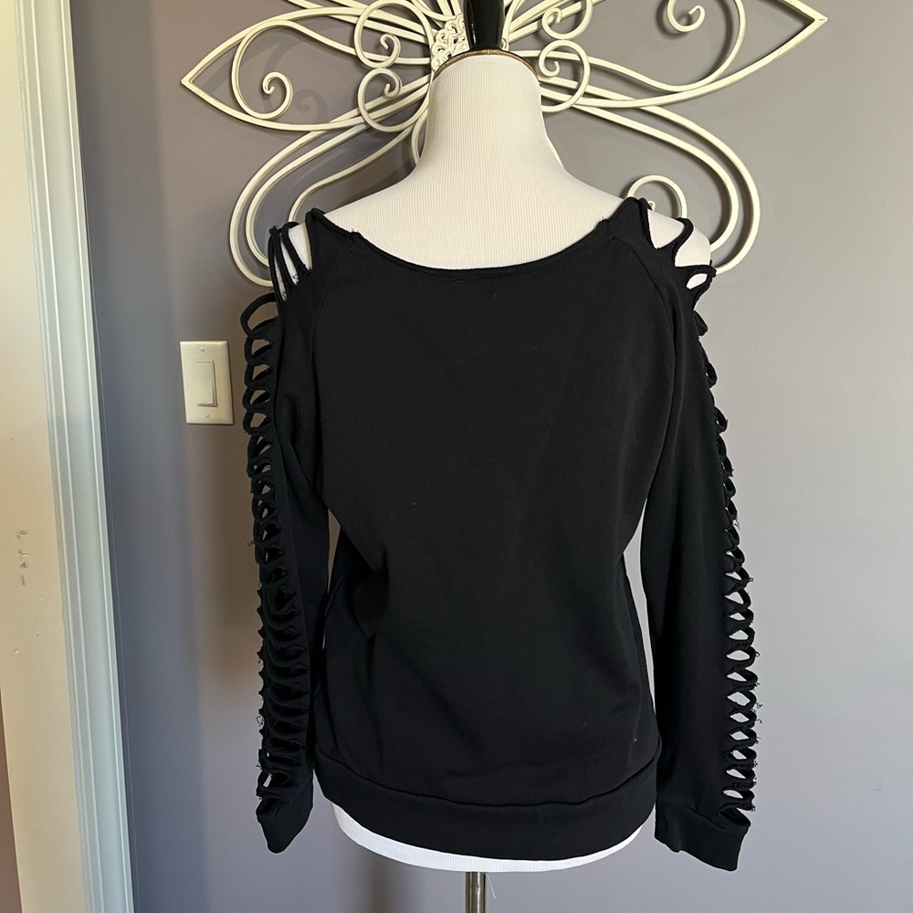 Venus Black Cold Shoulder Sweater with Cutout Sleeves